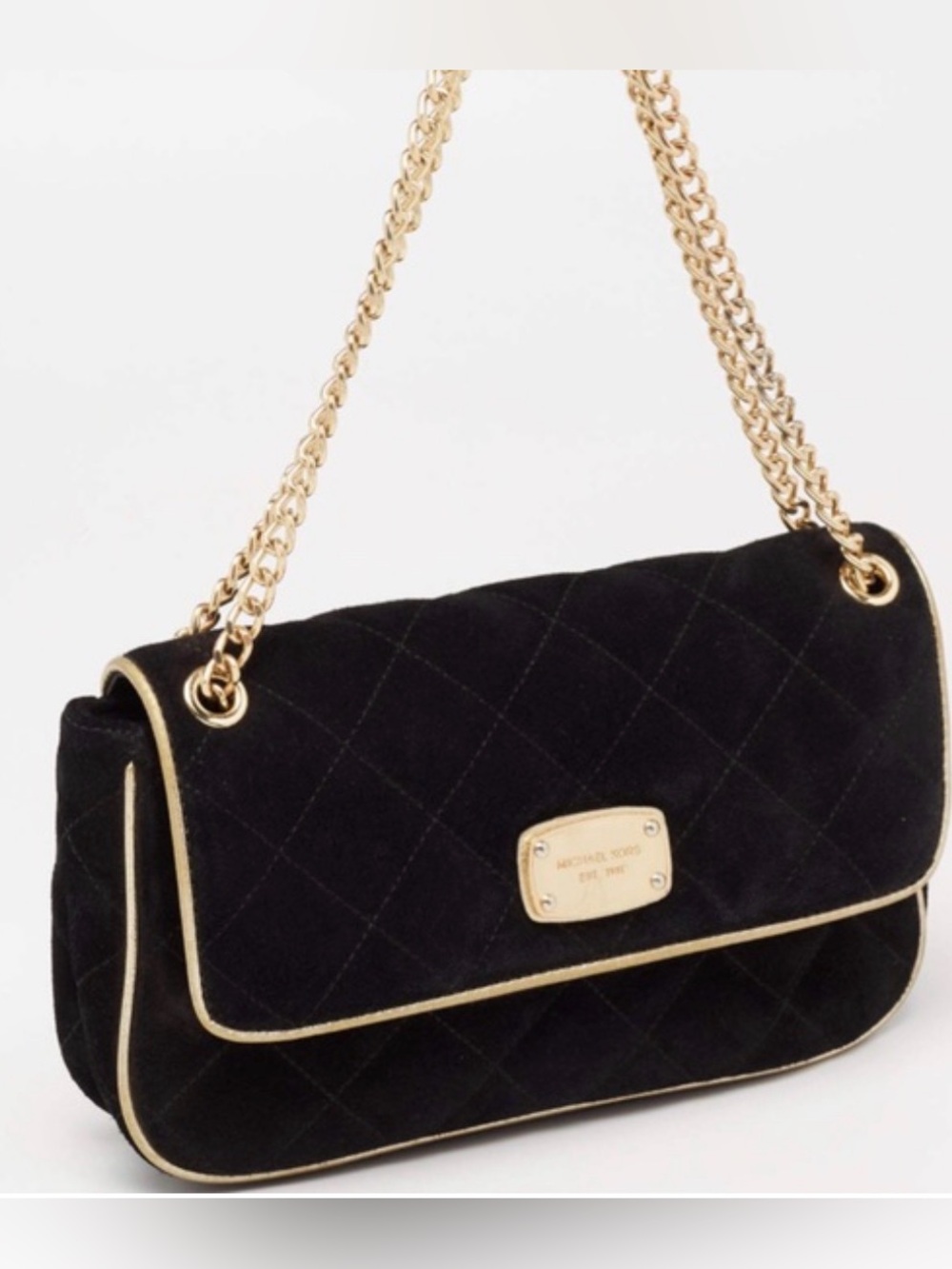 Michael Kors Black Quilted Suede Shoulder Bag with Gold Chain